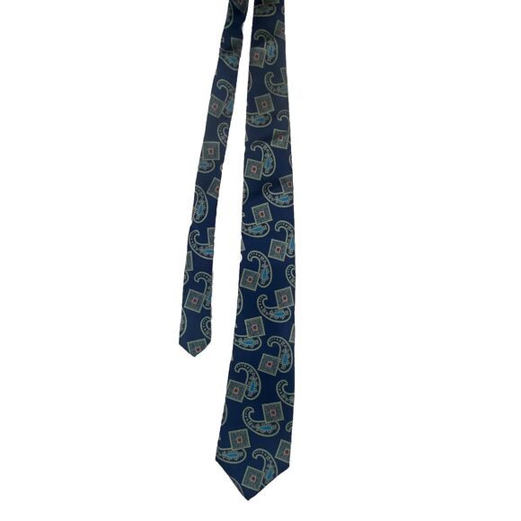 Meeting Street 100% Silk Neck Tie 56" Paisley Classic Pointed Navy Vintage - Picture 1 of 5